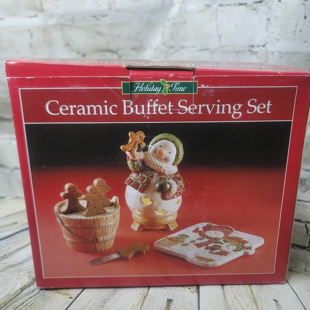 Holiday Time Ceramic Buffet Serving Set Snowman Tealight Gingerbread Spreaders